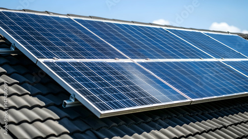 Solarpanels absorb sunlight on housetop under blue daytime sky