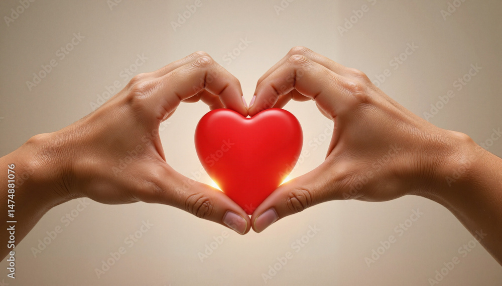 Obraz premium Hands forming heart shape with glowing love symbol 