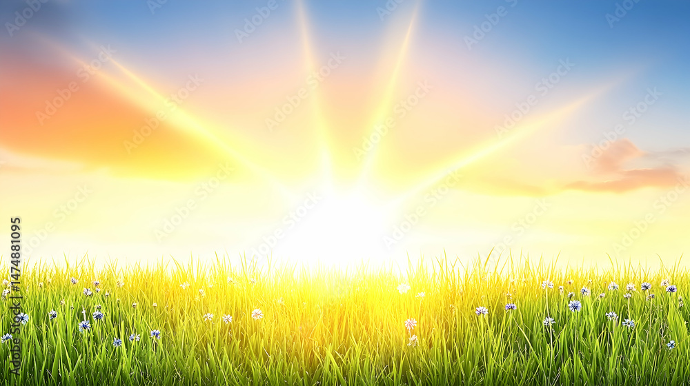 Fototapeta premium Sunrise over wildflower meadow bright warm colors peaceful nature scene