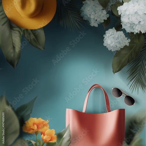 Chic Summer Accessories Arranged Creatively With a Stylish Bag, Hat, and Flowers