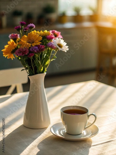 Wallpaper Mural Cup of tea and bouquet of flowers on table in cafe Torontodigital.ca