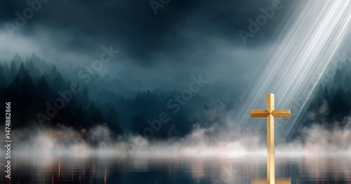 Golden Cross Shines Brightly Over Tranquil Lake Amidst Dark Forest Landscape ...