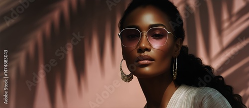 Stylish Woman With Pink Sunglasses Enjoying a Sunny Day by Palm Trees at a Tr...