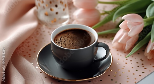 Warm Coffee Sits Elegantly Next to Fresh Tulips on a Soft Fabric Background D...