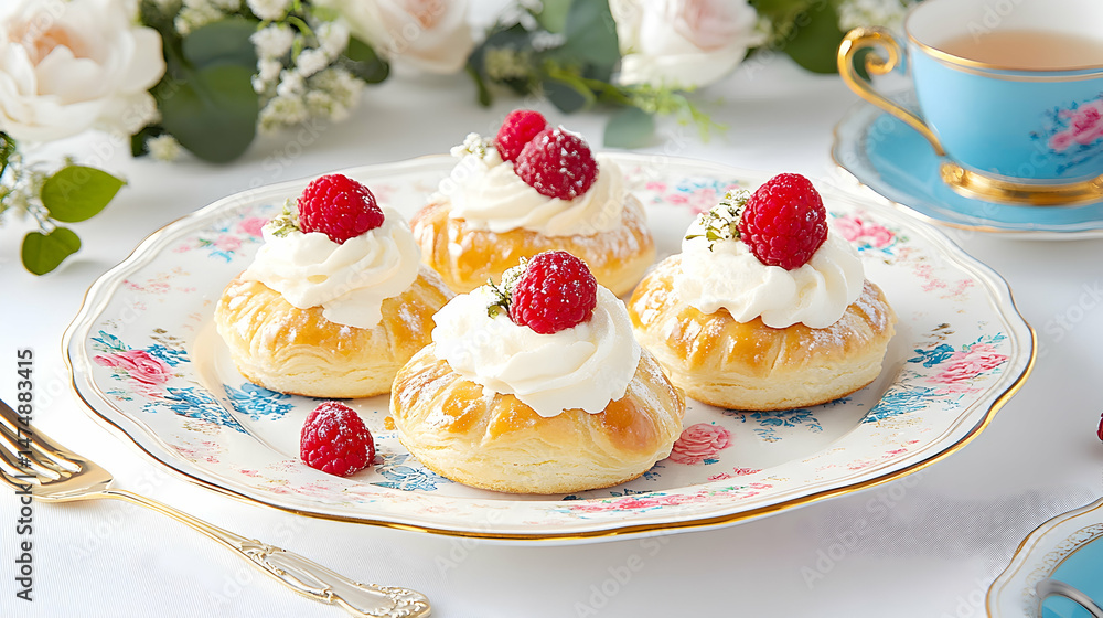 Four delicate pastries topped with whipped cream and raspberries, served on a floral plate with tea Four delicate pastries topped with whipped cream and raspberries, served on a floral plate with tea