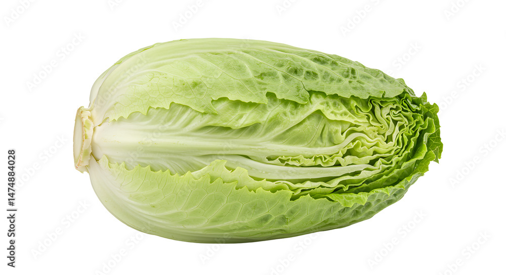 Fototapeta premium Fresh romaine lettuce head with crisp leaves, isolated on a white background, ideal for culinary and health-related uses