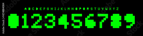 Retro Y2K pixel alphabet, glitch display font, arcade typeface, 8-bit screen logo design, vintage code tech letter and number style, hacker digital typography. Vector typeset.