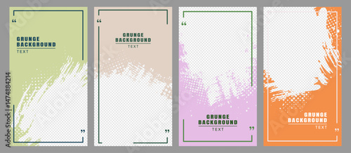 Vector illustration. Hand drawn abstract pastel color frame set. Ink brush strokes mess with halftone dotted texture. Vertical design element for flyer, voucher, coupon, leaflet, social media template