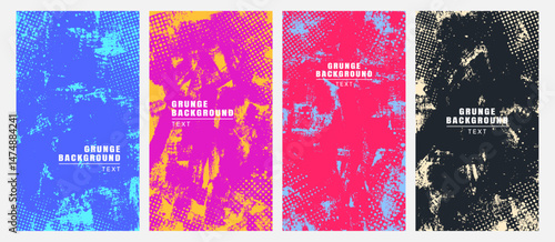 Vector illustration. Cool bright wallpapers with paint brush strokes and halftone texture. Hand drawn abstract color backgrounds set. Design elements for flyer, voucher, coupon, leaflet, social media