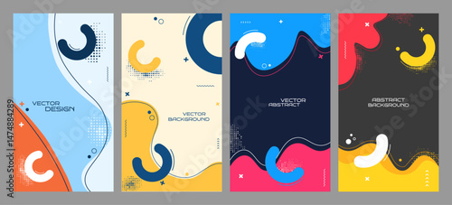Vector illustration. Colorful geometric background with fluid shapes, halftone dots and memphis pattern. Design elements for flyer, voucher, coupon, leaflet, social media template. Modern composition