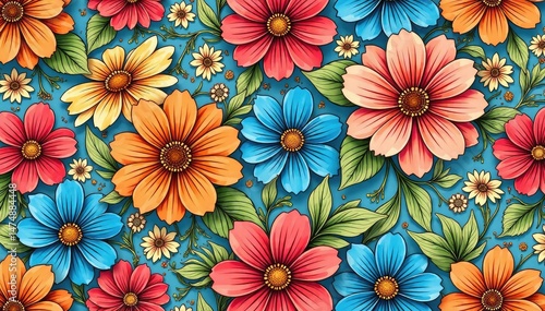 Intricate floral pattern in vibrant hues, seamlessly repeating , retro, wallpaper pattern