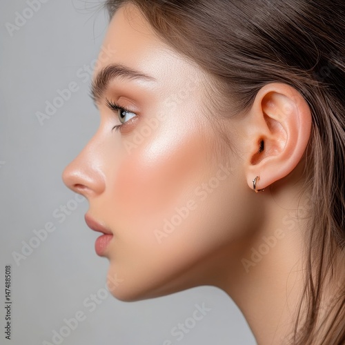 closeup side profile portrait of beautiful asian woman with hair. perfect face structure. isolated on white background. ad for earring and accessoires. Generative AI
