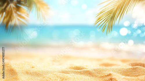 Fototapeta Naklejka Na Ścianę i Meble -  Unfocused blurred beach background with blue sea and palm trees