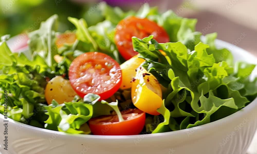 Fresh Salad with Tomatoes Lettuce and Yellow Bell Peppers in White Bowl Under Sunlight Optimized for Adobe Stock Photo Fresh Salad with Tomatoes Lettuce and Yellow Bell Peppers in White Bowl Under Sunlight Optimized for Adobe Stock Photo