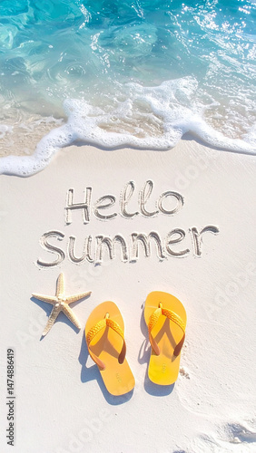 summer background with finger written text on sand and sunny beach vibe
