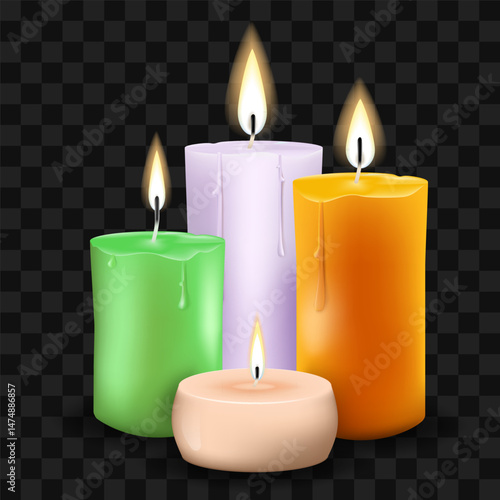 Burning colorful candles isolated on transparent background. Composition of four wax candles. Vector illustration