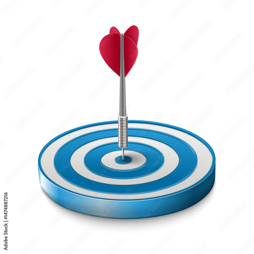 One dart hitting the center of a blue target in a row, vector image over white background