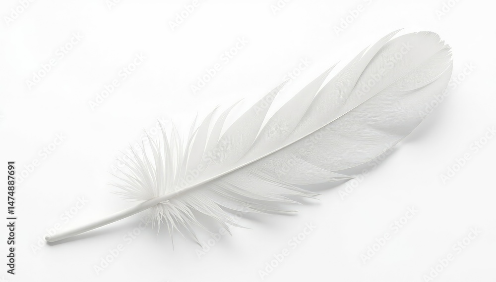 Obraz premium Isolated single white feather against pure white backdrop, object, shape