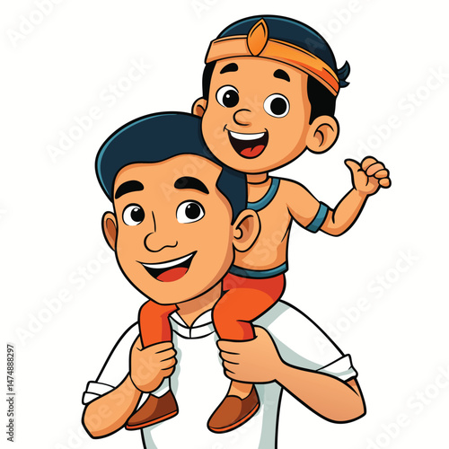 Indian father carrying son on shoulders at park, family bonding and playful parenting