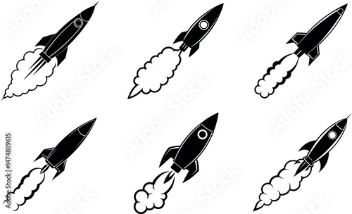 Black Rocket Icons Set, Vector Illustration of Rockets with Smoke Trails