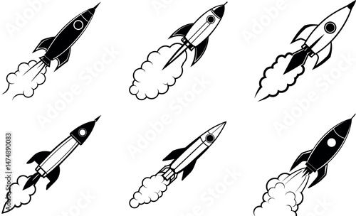 Black Rocket Icons Set, Vector Illustration of Rockets with Smoke Trails