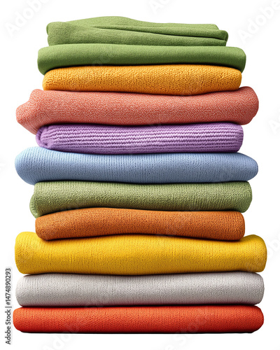 A neatly stacked pile of folded knitted sweaters in various vibrant colors, showcasing different textures and shades on transparent background.