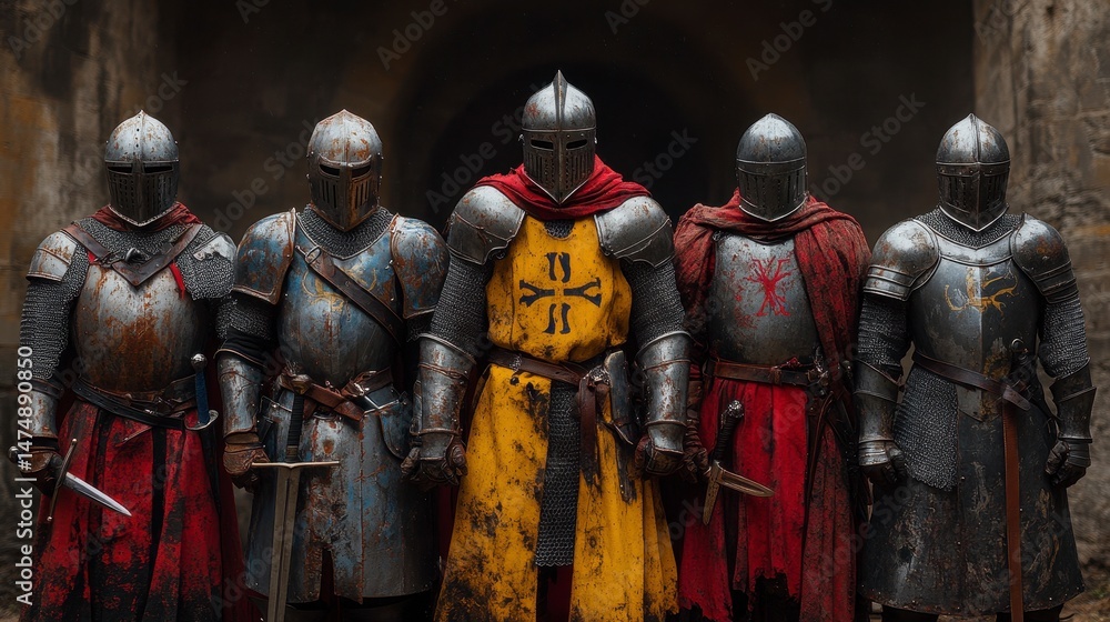 Array of medieval knights, armor gleaming, near a stone archway, displaying unity Array of medieval knights, armor gleaming, near a stone archway, displaying unity