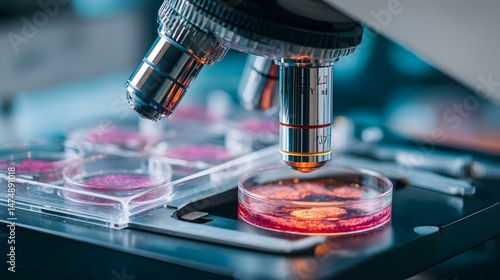 viewing genetically modified cells glowing under blue light