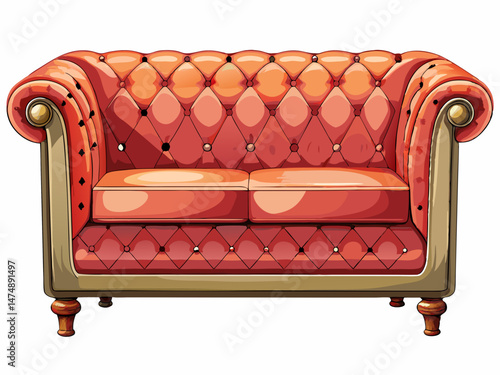 A flat vector of a classic chesterfield sofa with tufted buttons and rolled arms. White background, luxury vintage furniture
