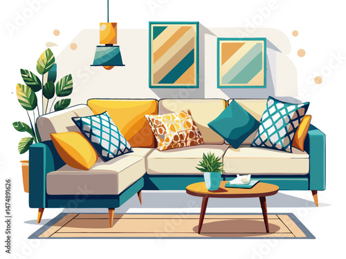 L-shaped sofa with decorative pillows in a cozy living room layout. White background, clean and minimal furniture design