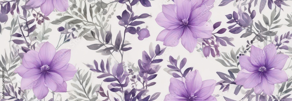 Obraz premium Delicate purple watercolor blooms & leaves, botanical art , stock photo, abstract