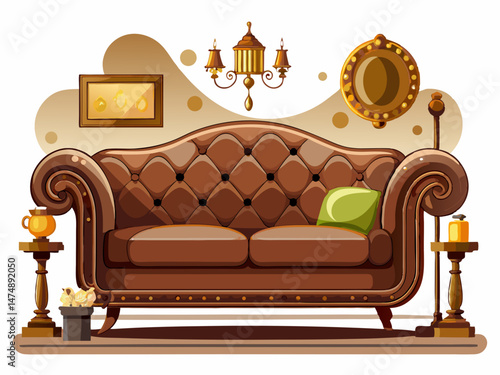 A luxurious brown chesterfield couch in flat design with shadow and detail. White background, stylish antique decor