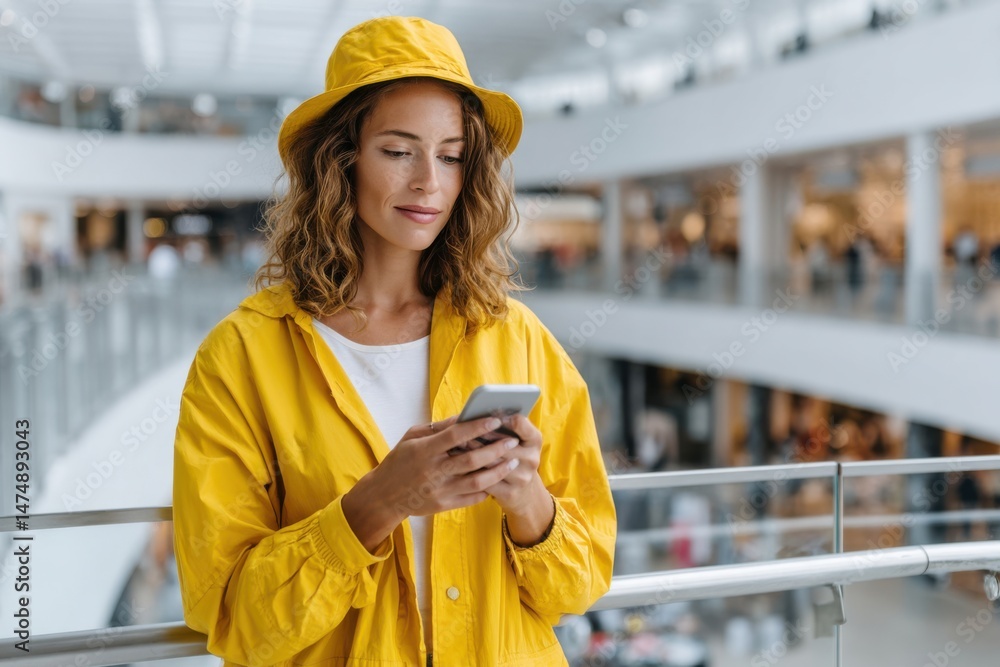 Woman in yellow jacket and hat checks smartphone in modern shopping center during daylight hours Woman in yellow jacket and hat checks smartphone in modern shopping center during daylight hours