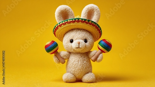 Wallpaper Mural Festive Plushie: A cute, fluffy bunny celebrates with maracas and a colorful sombrero against a bright yellow background. Party! Torontodigital.ca