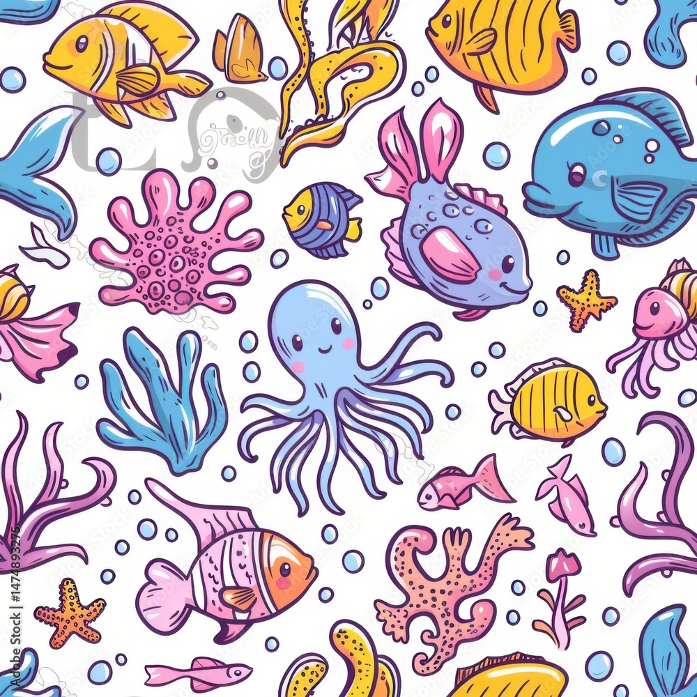 seamless aquatic cartoon pattern with playful sea creatures, pastel corals, and underwater plants, bright happy colors seamless aquatic cartoon pattern with playful sea creatures, pastel corals, and underwater plants, bright happy colors