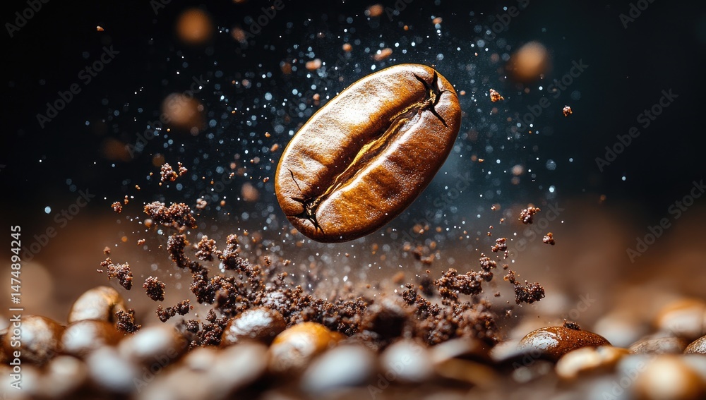 Roasted coffee bean exploding, dark background, coffee grounds Roasted coffee bean exploding, dark background, coffee grounds