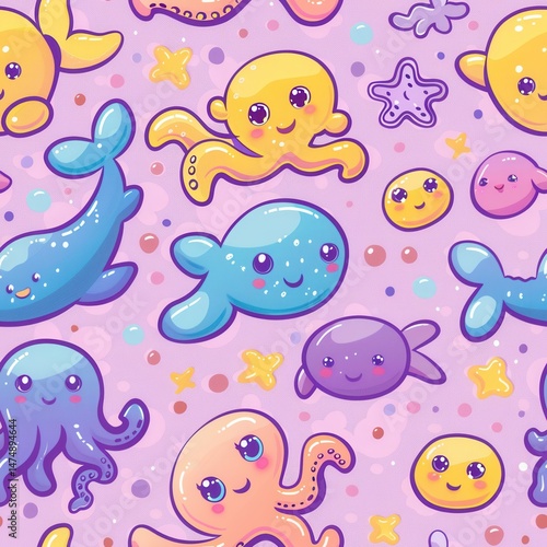 seamless aquatic cartoon pattern with playful sea creatures, pastel corals, and underwater plants, bright happy colors