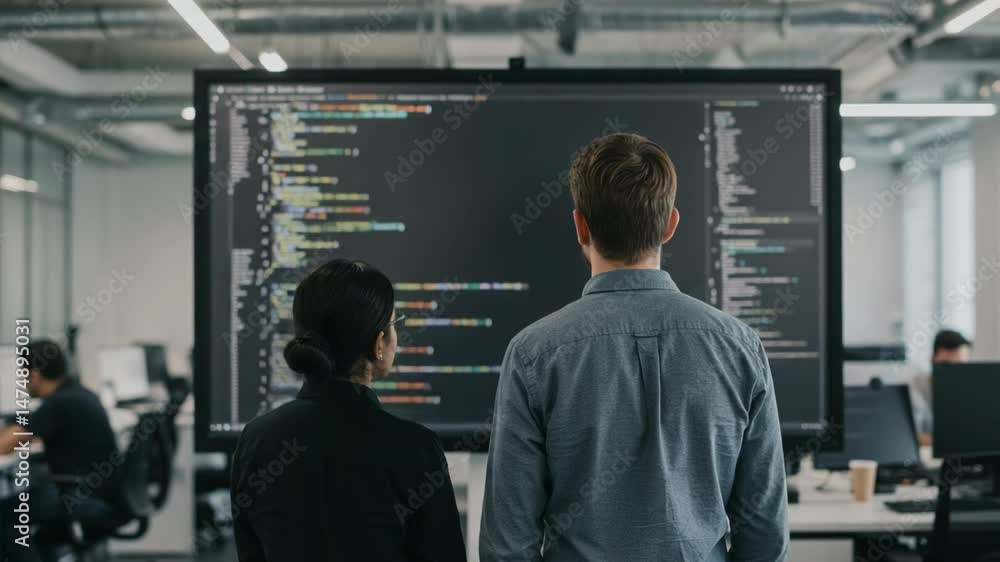 Diverse Team of Young Adult Programmers, One Male and One Female, Collaborating in Modern Tech Office with Large Screen Displaying Colorful Code