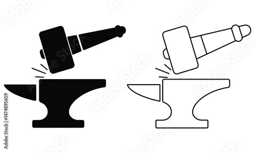 Anvil and hammer icon vector. Blacksmith icon vector. Silhouette of Anvil, hammer outline icon, symbol and image. Vector illustration.