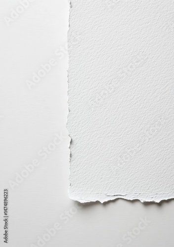 Close-up of a sheet of pristine white paper with a torn edge.  The paper's texture is subtly rough, displaying a faint, even grain