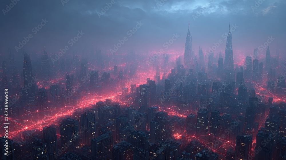 Fototapeta premium Cyberpunk Metropolis: A Dystopian Cityscape Illuminated by Glowing Red Networks Under a Moody Sky
