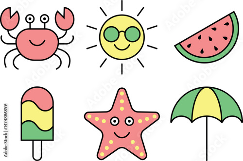 Flat cute vector line set with stroke on the theme of summer, sea and vacation