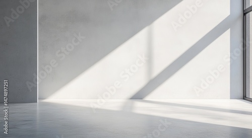 Empty, bright room with concrete walls and floor, sunlit by large window.  Shadows cast on the wall