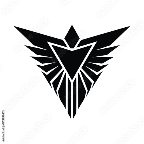 A stylized black winged emblem with sharp geometric lines forming a powerful, triangular crest. Its a bold symbol, ideal for a logo or icon. Minimalist and impactful design.