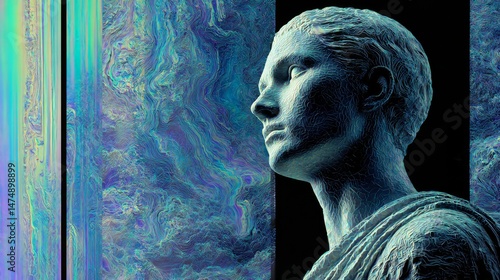 Mystic Sculpture Profile: Textured Portrait in Dreamlike Blues, Greens, and Purples Against a Dark, Artistic Landscape