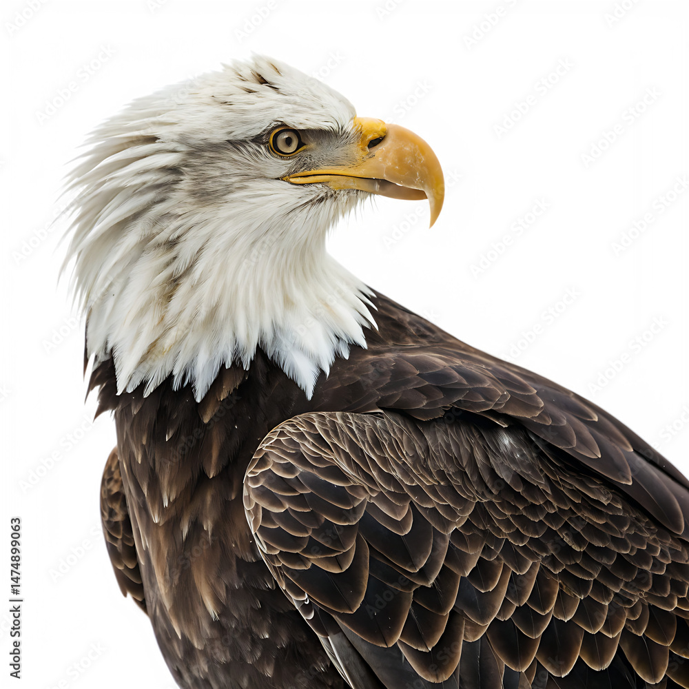 Obraz premium Majestic bald eagle portrait showcasing detailed feathering and intense gaze isolated on white background