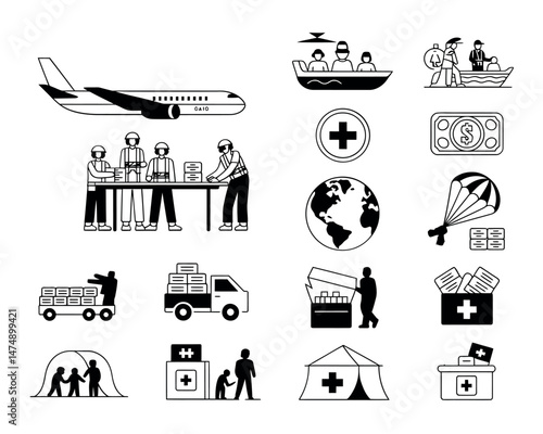 Comprehensive refugee migration icon set depicting aid and journey
