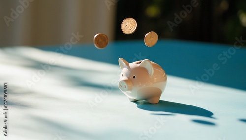 Piggy bank with coins in air