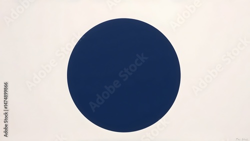 Minimalist painting featuring a bold navy blue circle on pale background