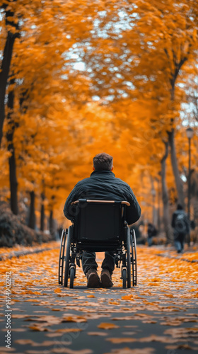 Wallpaper Mural Seen from behind, a man in a wheelchair travels down a park path covered in fallen autumn leaves. Trees with vibrant orange foliage line the path, and other figures are blurred in the distance Torontodigital.ca